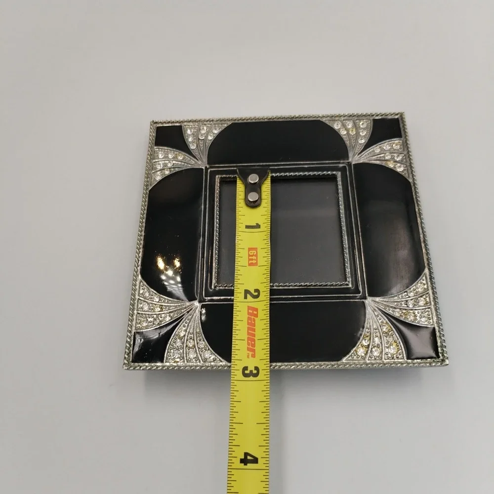 Vintage Art Deco Style Mini Picture Frame Black Enamel Rhinestone Square 2x2